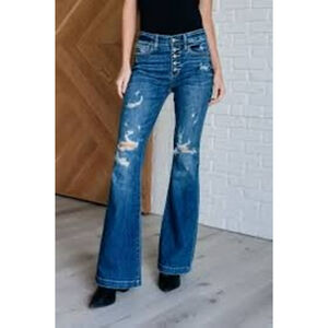 Judy Blue Trouser Flare Jeans Button Fly Distressed High Rise 15/32